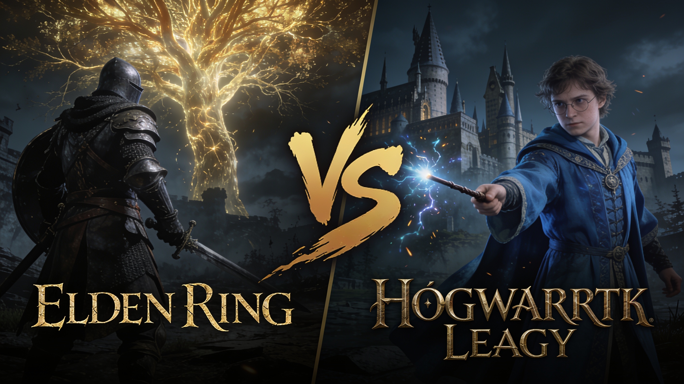 Split-screen comparison of Elden Ring and Hogwarts Legacy